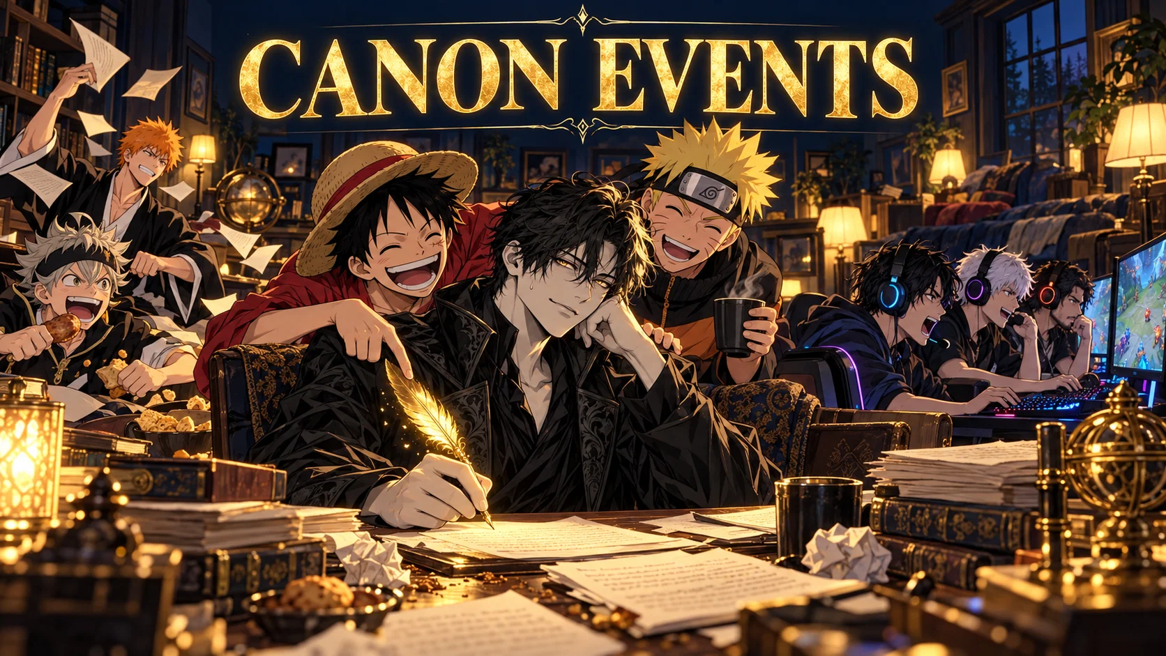 Canon Events: a writer at a desk, surrounded by anime heroes, with gamers at their PCs behind